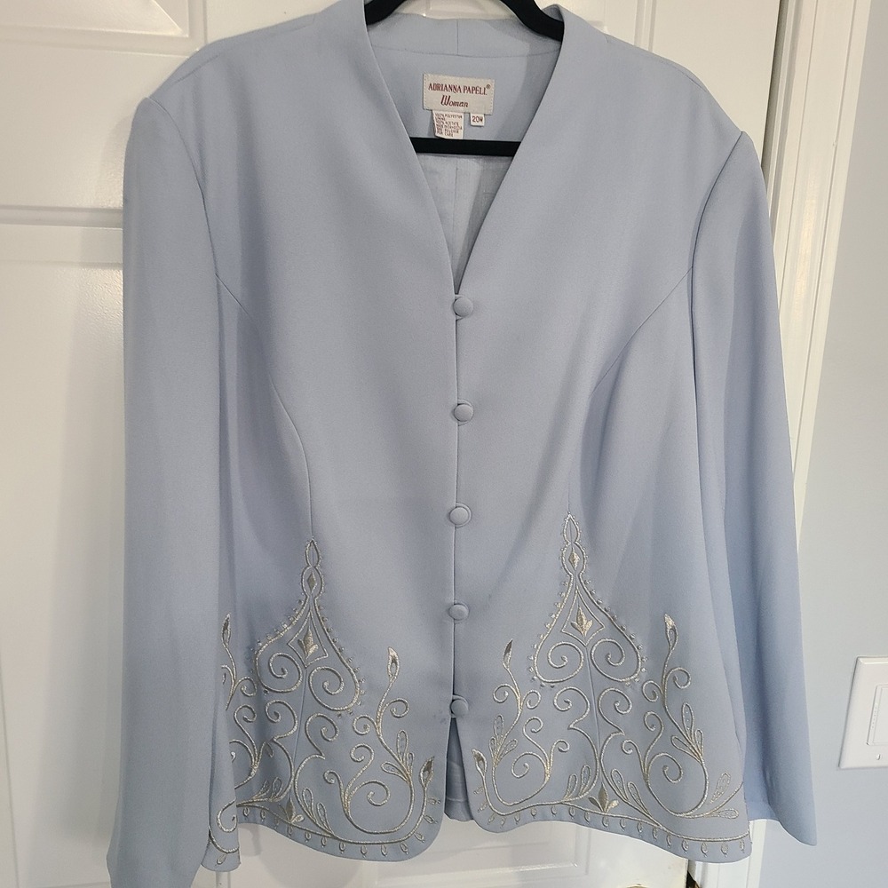 Adrianna Papell Womens‎ Blazer 20W Light Blue Beaded Silver Embroidery Button Up